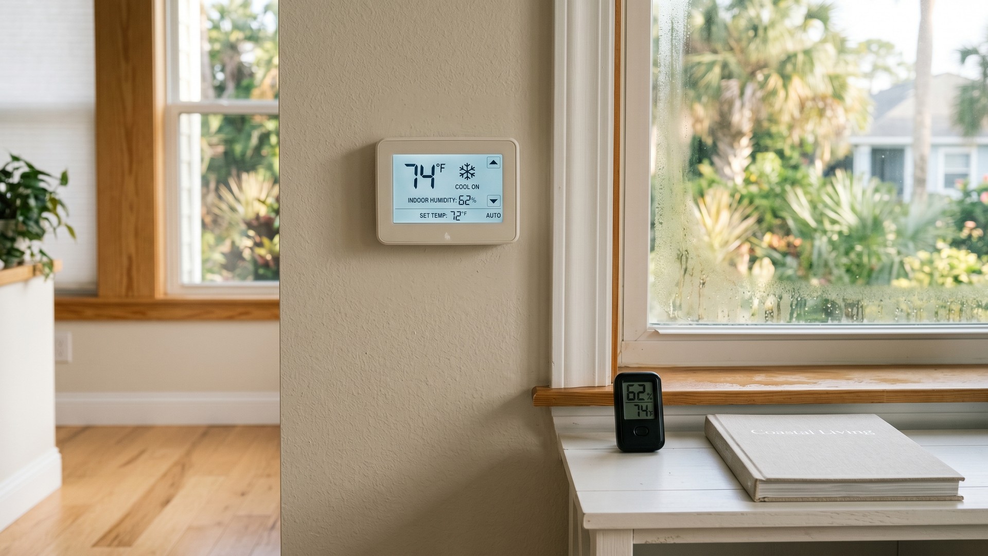 Wall thermostat reading 74 degrees with COOL ON and indoor humidity 62 percent in a Florida home, with a small hygrometer on the sill and morning condensation on the window glass.