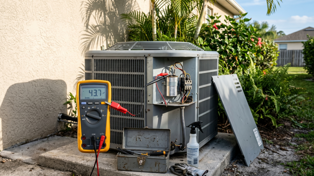 A digital multimeter clipped to the capacitor inside an open A/C condenser cabinet during a Florida spring tune-up, showing a microfarad reading on the display.