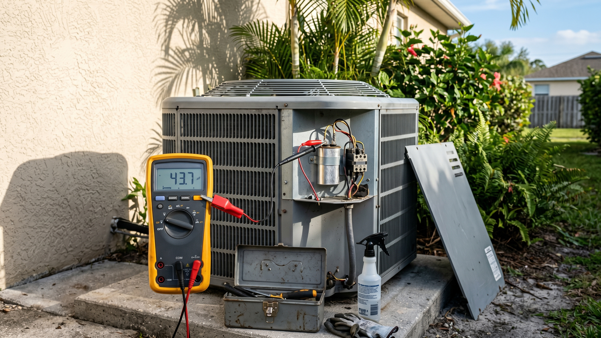 A digital multimeter clipped to the capacitor inside an open A/C condenser cabinet during a Florida spring tune-up, showing a microfarad reading on the display.