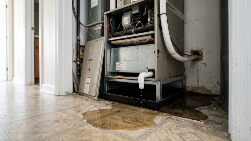 A small puddle of water pooled on the floor of a Florida residential air handler closet beneath the unit's primary drip pan and PVC condensate drain line.
