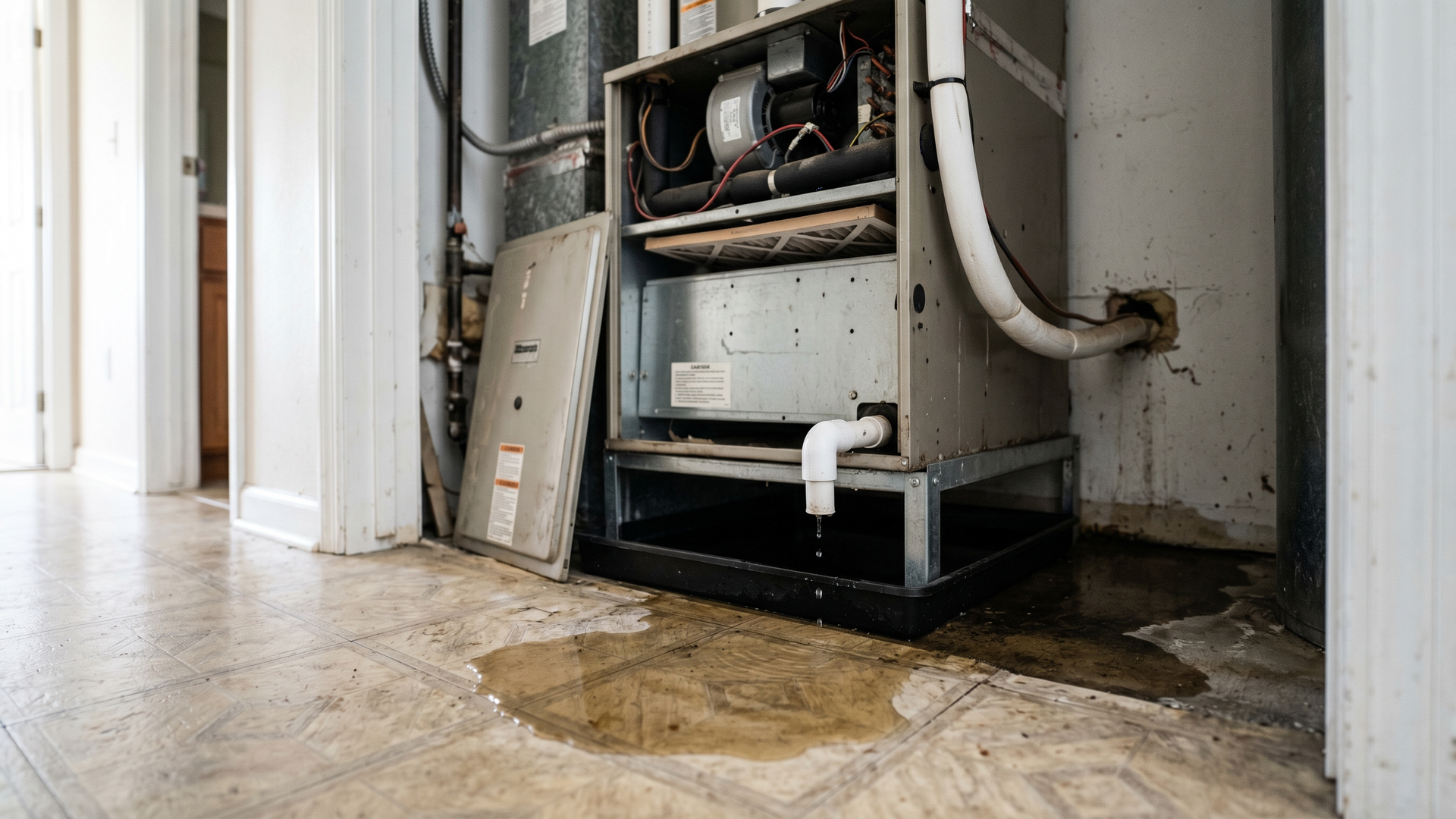 A small puddle of water pooled on the floor of a Florida residential air handler closet beneath the unit's primary drip pan and PVC condensate drain line.