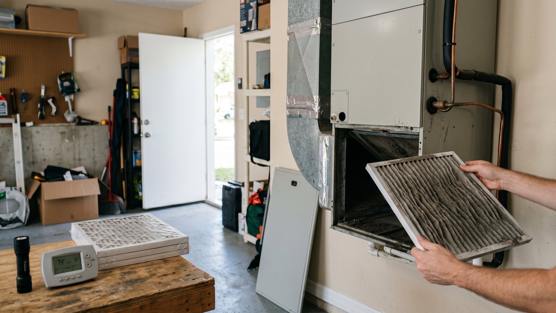 A homeowner pulling a dust-laden pleated air filter out of a Florida central A/C air handler cabinet, with a thermostat and a pack of new filters on a nearby workbench.