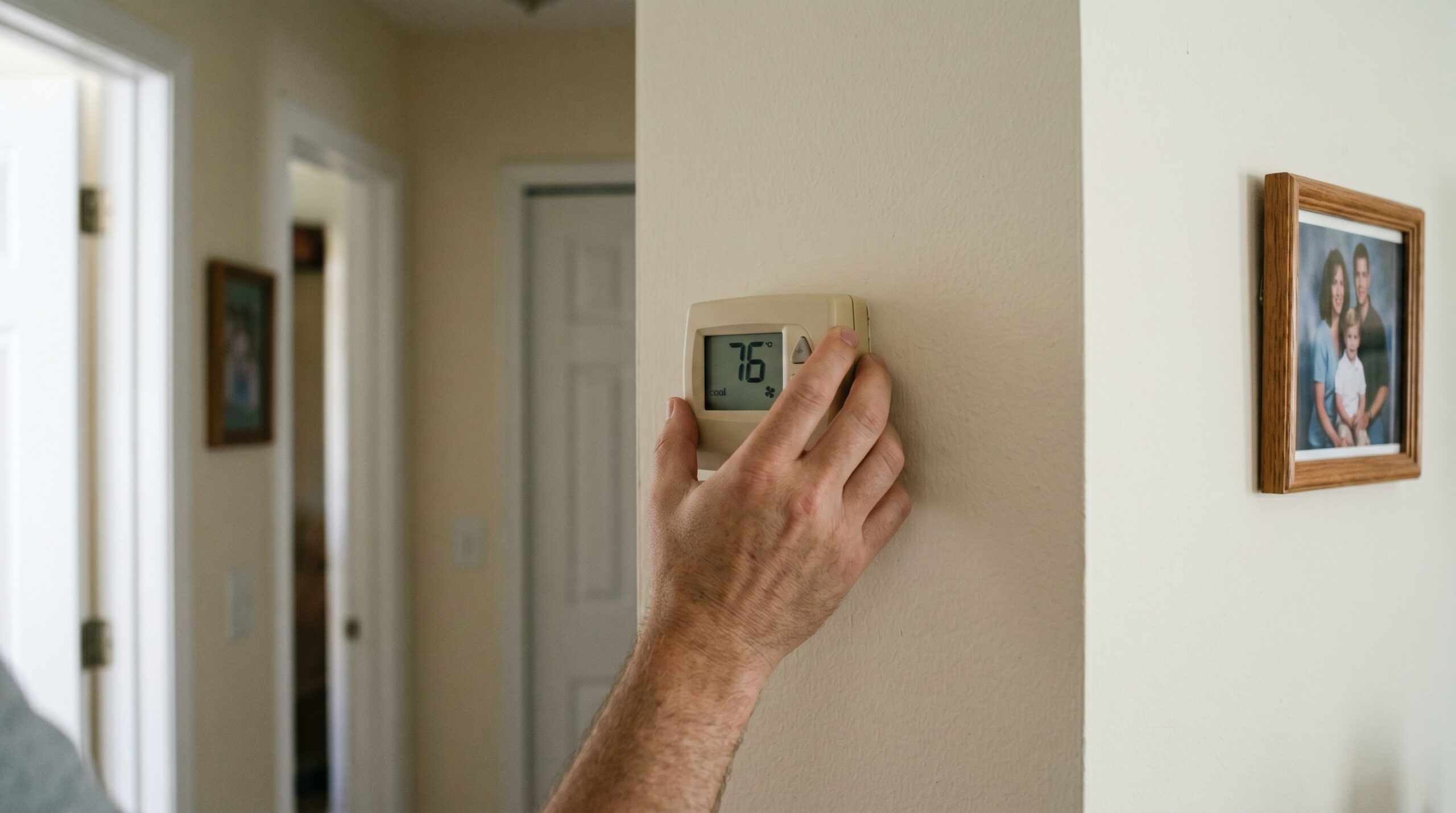 Homeowner adjusting a beige digital thermostat reading 76 in cool mode in a Florida hallway