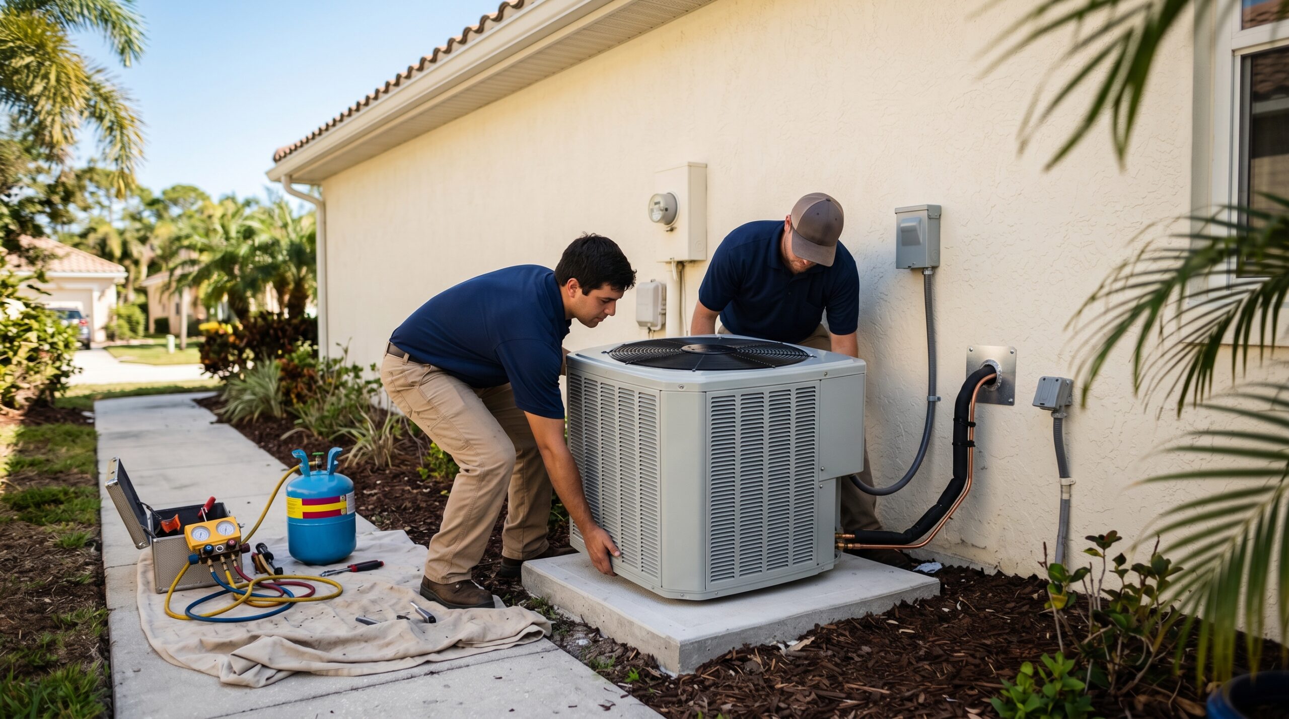 Two HVAC technicians in plain navy work shirts setting a new central A/C outdoor condenser onto a fresh concrete pad next to a Florida stucco home with palm fronds in the background