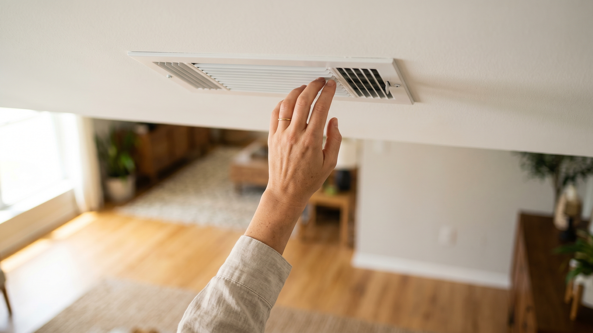 Hand reaching up to close a white ceiling AC supply vent in a sunlit Florida living room