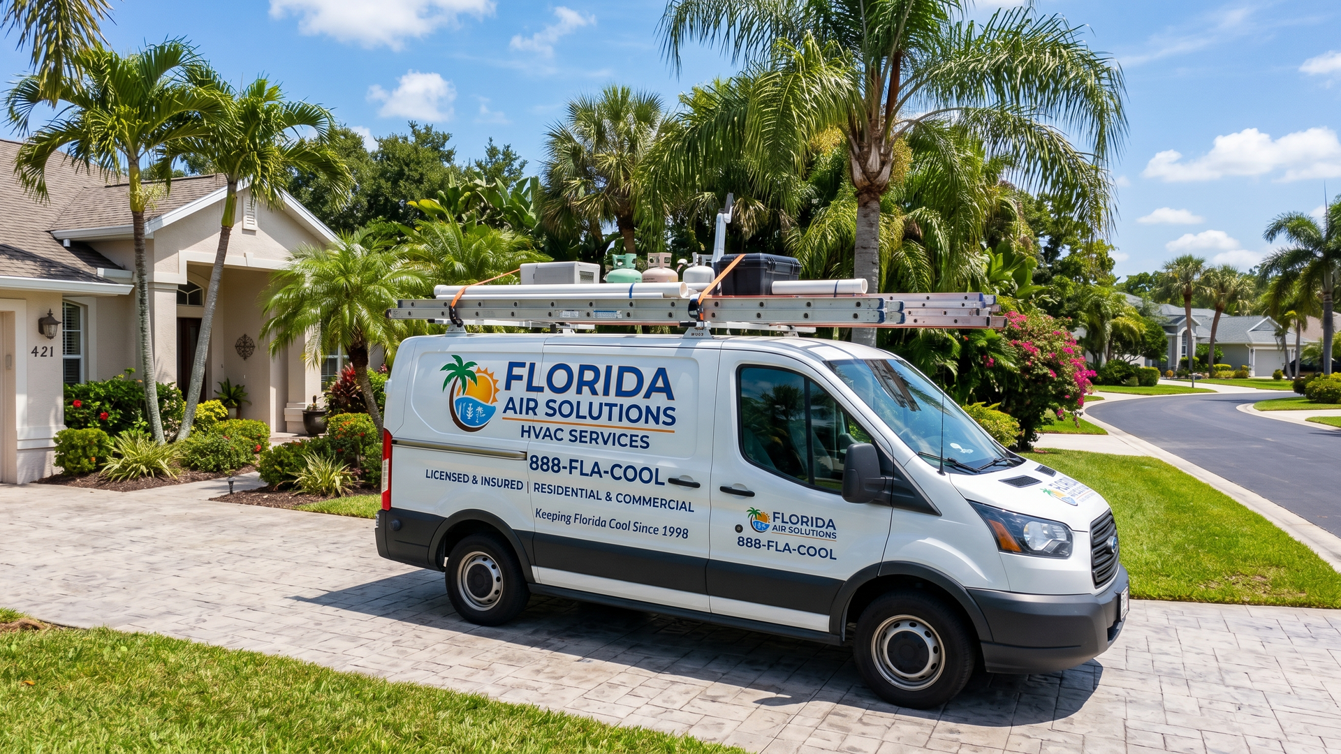 Professional HVAC service van parked in a sunny Florida residential neighborhood driveway