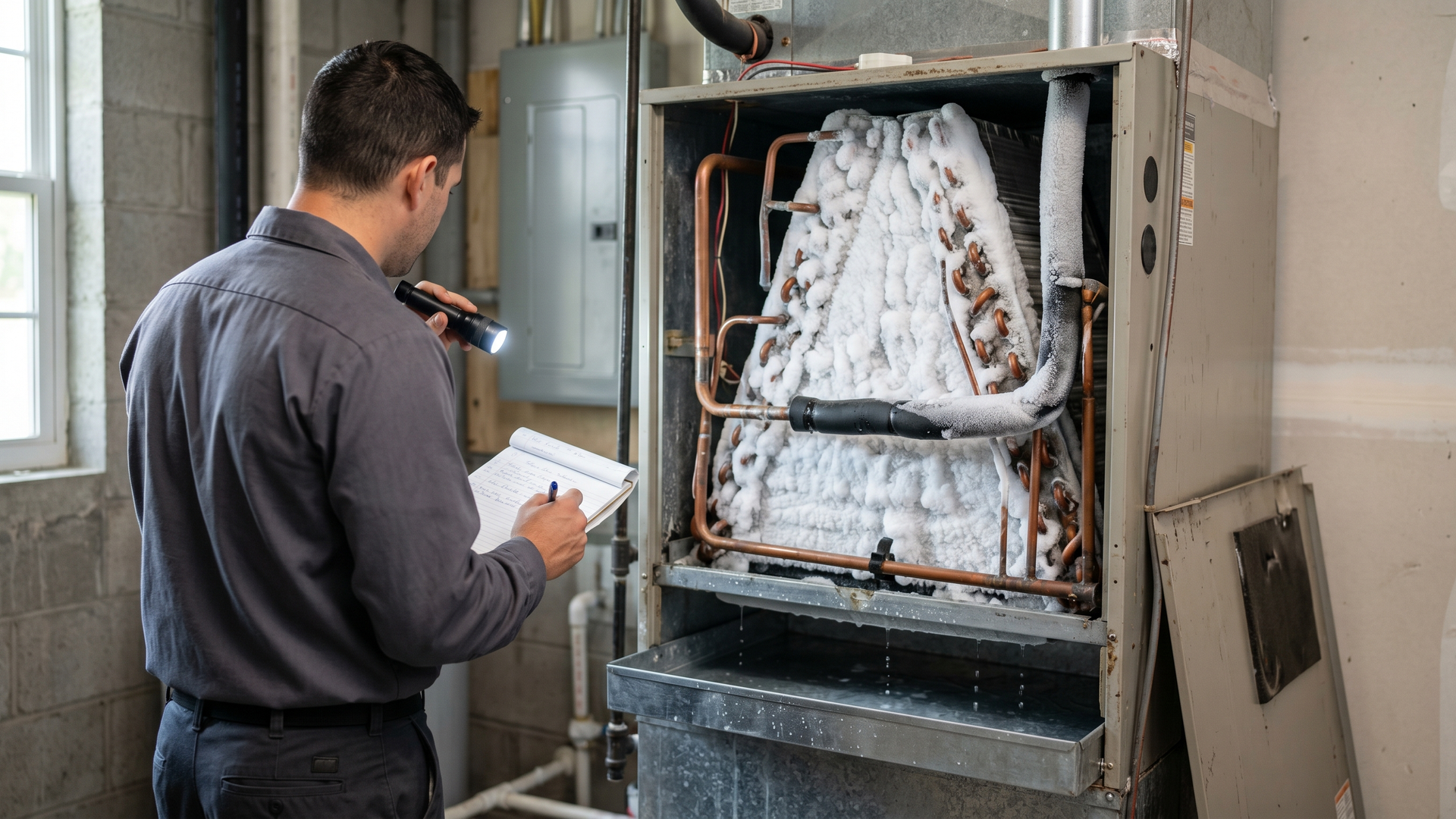 HVAC technician inspecting a frozen evaporator coil inside a residential air handler