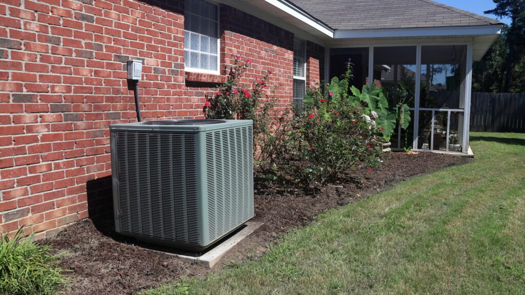 Outdoor central air conditioning condenser unit beside a Florida home