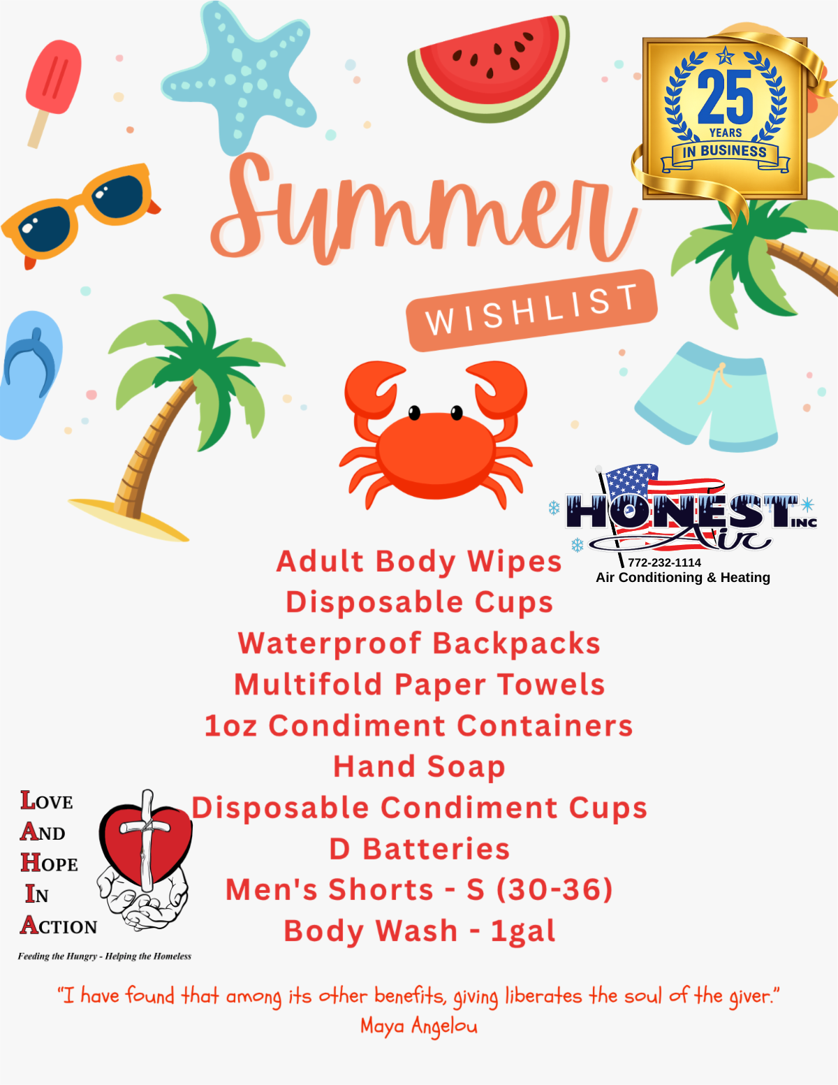 Love and Hope in Action summer wishlist donation drive flyer