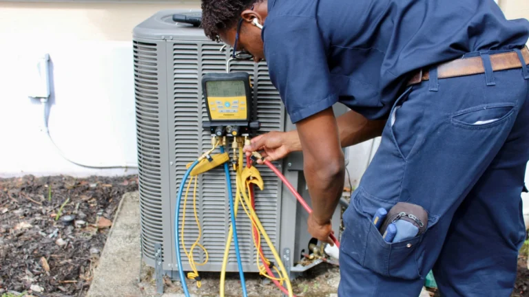 A technician in a navy uniform connects red, blue and yellow hoses from a yellow digital gauge set to an outdoor air conditioner on a concrete pad beside a house.